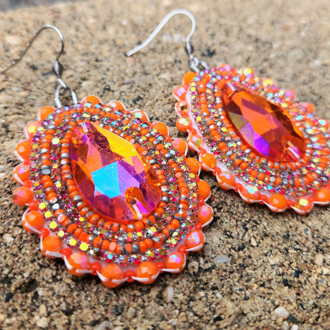 Orange Teardrop Beaded Earrings