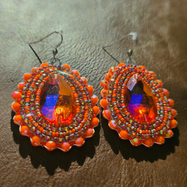 Orange Teardrop Beaded Earrings