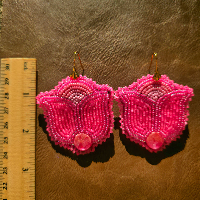 Neon Pink Floral Beaded Earrings