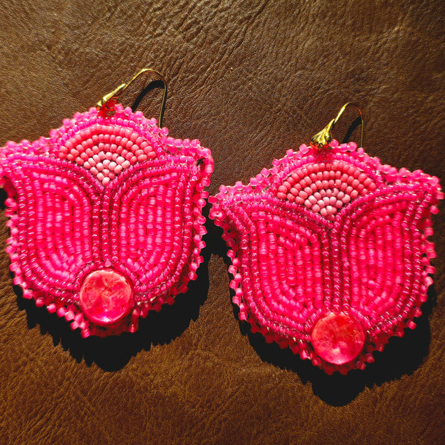 Neon Pink Floral Beaded Earrings