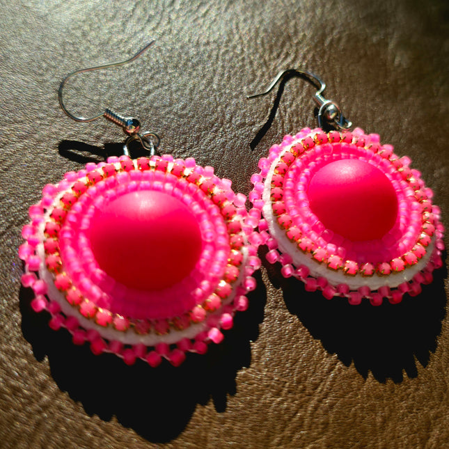 Neon Pink Round Beaded Earrings