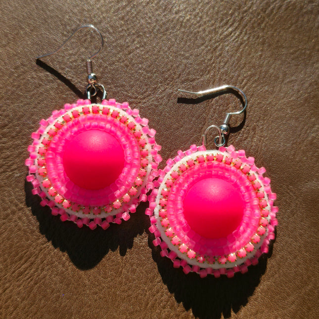 Neon Pink Round Beaded Earrings