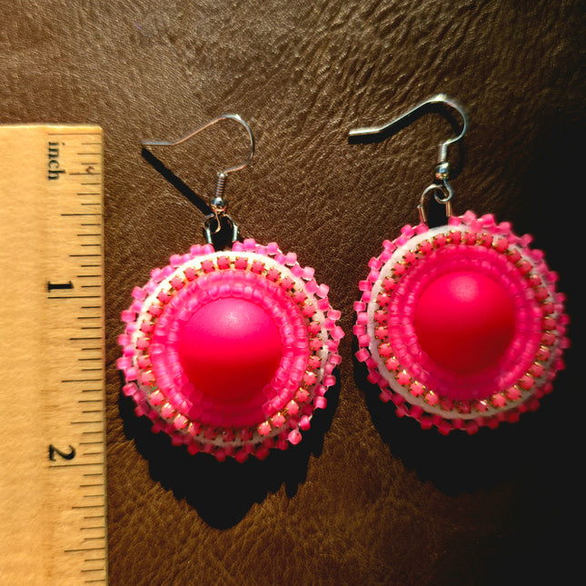 Neon Pink Round Beaded Earrings