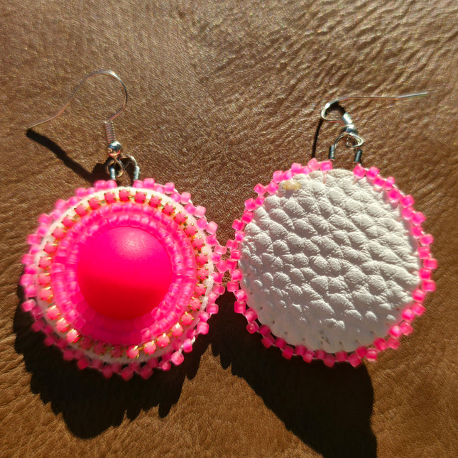 Neon Pink Round Beaded Earrings