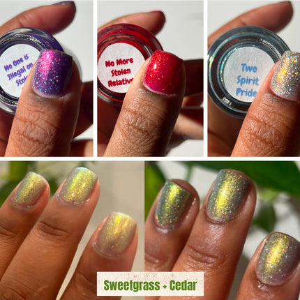 Collage of hands with glittery nail polish and labeled jars, featuring messages like 'No More Slaven Relative' and 'Two Spirit Pride'.