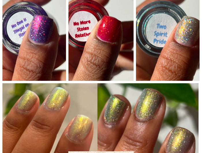 Collage of hands with glittery nail polish and labeled jars, featuring messages like 'No More Slaven Relative' and 'Two Spirit Pride'.