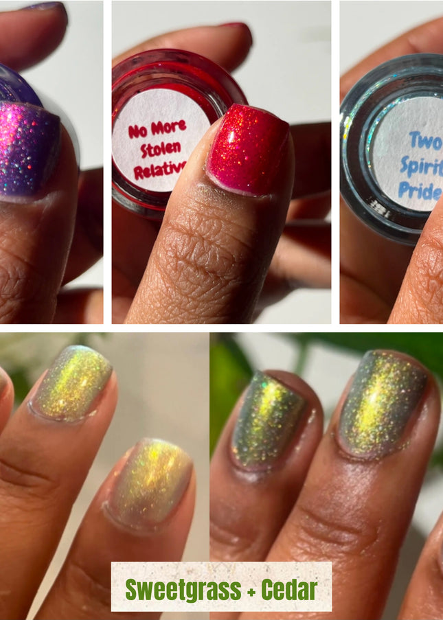 Collage of hands with glittery nail polish and labeled jars, featuring messages like 'No More Slaven Relative' and 'Two Spirit Pride'.